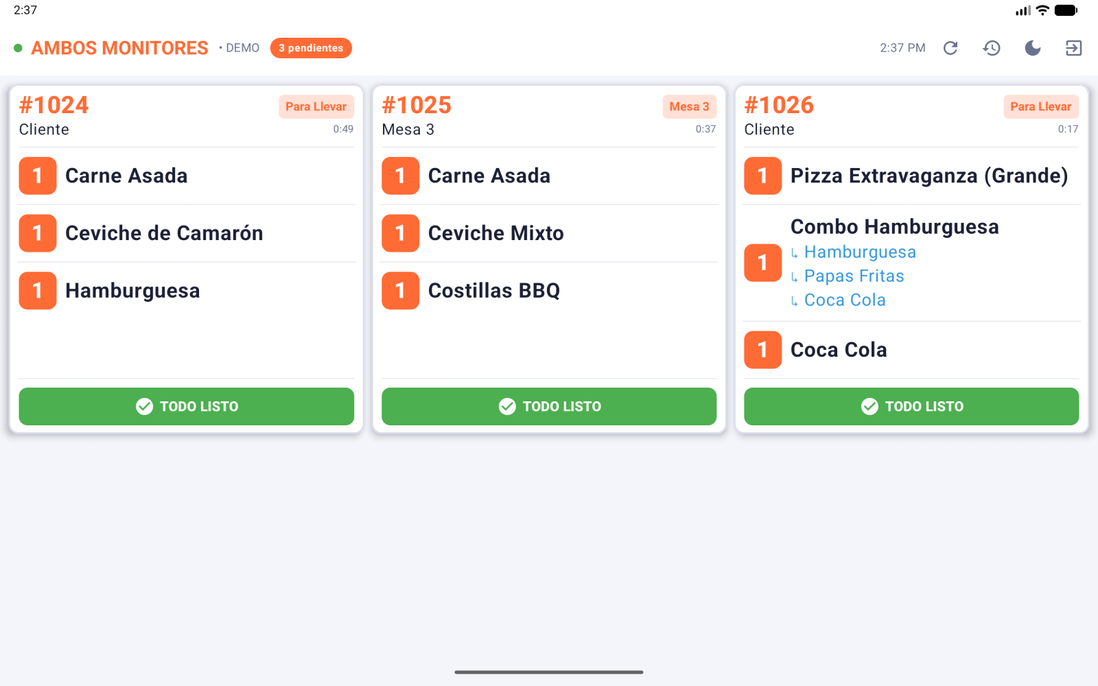 App FornaliKDS para Android mostrando las comandas de cocina